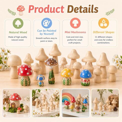 40 Pcs Big Sizes Unfinished Wooden Mushroom, Natural Plain Unpainted Wooden Mini Mushroom Figurines, Wood Mushrooms, Unpainted Art Project Crafting and Fairy Themed Spring Summer Decor in Kuwait