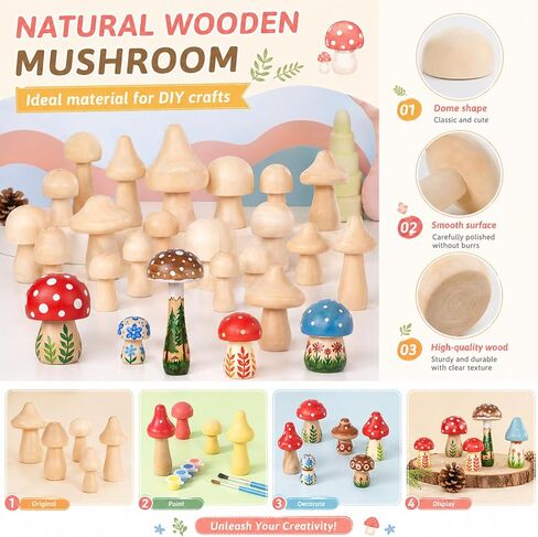 40 Pcs Big Sizes Unfinished Wooden Mushroom, Natural Plain Unpainted Wooden Mini Mushroom Figurines, Wood Mushrooms, Unpainted Art Project Crafting and Fairy Themed Spring Summer Decor in Kuwait