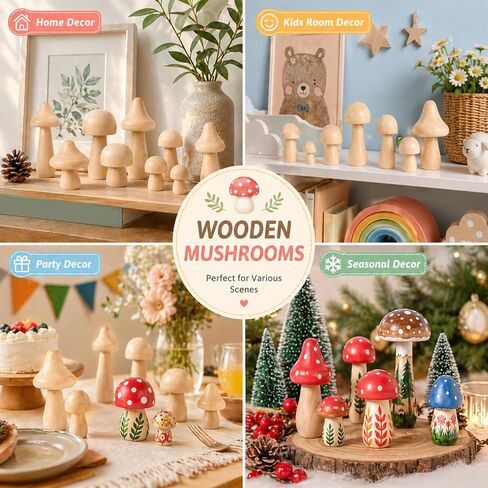 40 Pcs Big Sizes Unfinished Wooden Mushroom, Natural Plain Unpainted Wooden Mini Mushroom Figurines, Wood Mushrooms, Unpainted Art Project Crafting and Fairy Themed Spring Summer Decor in Kuwait