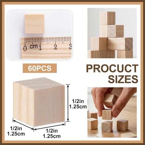 PAGOW 60pcs 1/2 Inch Unfinished Wooden Cubes, Natural Pine Wood Blocks for Crafts, Small Blank Solid Wood Squares for Building, STEM, DIY, Model Making in Kuwait