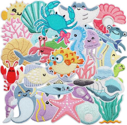 30PCS Sea Animal Iron On Patches Cute Ocean Coastal Shark Starfish Dolphin Turtle Coral Sealife Embroidered Appliques for Kids Jackets Backpacks Jeans Trucker Hat Dress DIY Crafts Decoration in Saudi Arabia