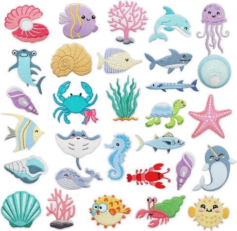30PCS Sea Animal Iron On Patches Cute Ocean Coastal Shark Starfish Dolphin Turtle Coral Sealife Embroidered Appliques for Kids Jackets Backpacks Jeans Trucker Hat Dress DIY Crafts Decoration in Saudi Arabia