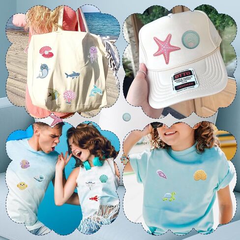 30PCS Sea Animal Iron On Patches Cute Ocean Coastal Shark Starfish Dolphin Turtle Coral Sealife Embroidered Appliques for Kids Jackets Backpacks Jeans Trucker Hat Dress DIY Crafts Decoration in Saudi Arabia