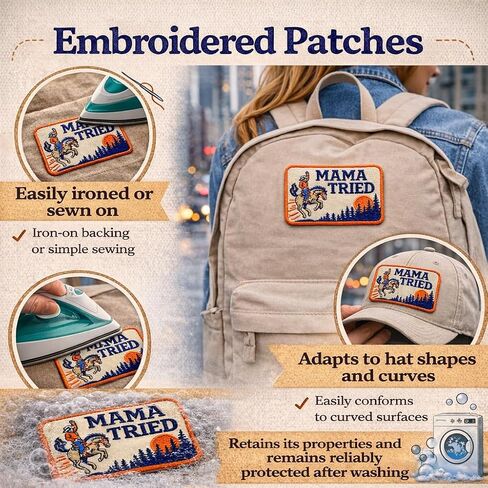 Mama Tried Patch - Vintage Cowboy Patch - Western Patches - Iron On or Sew On Embroidery Patches for Backpacks, Gift, DIY Applique Accessories, Trucker Hats, Clothes Size: 3,5x2 inch in Saudi Arabia