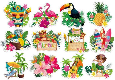 Large Summer Hawaiian Luau Party Cut Outs Decorations,12Pcs Double-Sided Tropical Hawaii Party Decorations Cutouts Set,Hibiscus Flower Palm Leaves Cut Outs Beach Pool Decor for Windows Wall Door in Kuwait