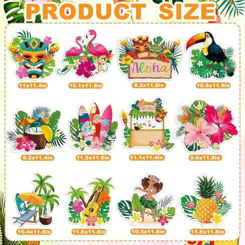 Large Summer Hawaiian Luau Party Cut Outs Decorations,12Pcs Double-Sided Tropical Hawaii Party Decorations Cutouts Set,Hibiscus Flower Palm Leaves Cut Outs Beach Pool Decor for Windows Wall Door in Kuwait