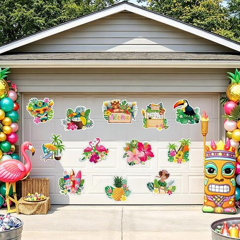 Large Summer Hawaiian Luau Party Cut Outs Decorations,12Pcs Double-Sided Tropical Hawaii Party Decorations Cutouts Set,Hibiscus Flower Palm Leaves Cut Outs Beach Pool Decor for Windows Wall Door in Kuwait