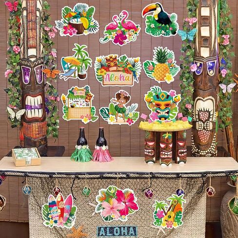 Large Summer Hawaiian Luau Party Cut Outs Decorations,12Pcs Double-Sided Tropical Hawaii Party Decorations Cutouts Set,Hibiscus Flower Palm Leaves Cut Outs Beach Pool Decor for Windows Wall Door in Kuwait