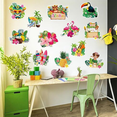 Large Summer Hawaiian Luau Party Cut Outs Decorations,12Pcs Double-Sided Tropical Hawaii Party Decorations Cutouts Set,Hibiscus Flower Palm Leaves Cut Outs Beach Pool Decor for Windows Wall Door in Kuwait