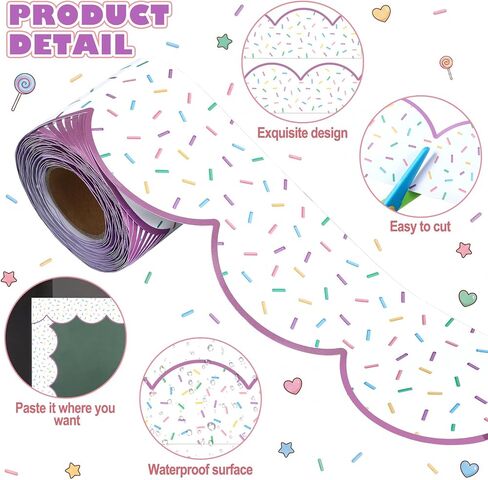 Fuutreo 65ft Sprinkles Bulletin Board Borders White Scalloped Trim Border Donut Sprinkles Classroom Bulletin Board Decorations for School Office Wall Blackboard Classroom DIY Crafts in Kuwait