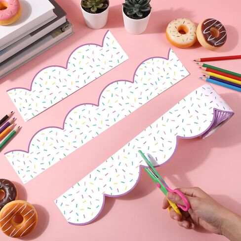 Fuutreo 65ft Sprinkles Bulletin Board Borders White Scalloped Trim Border Donut Sprinkles Classroom Bulletin Board Decorations for School Office Wall Blackboard Classroom DIY Crafts in Kuwait