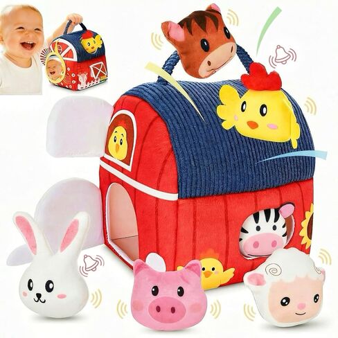 Baby Soft Toys 6-12 Months - Surprise Barn Stuffed Farm Animals House for Toddlers 1-3, Montessori Sensory Plush Toys for Infants, Rattle, Crinkle, Baby Learning Plush Toys for Babies Tummy Time in Saudi Arabia