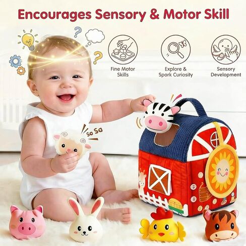 Baby Soft Toys 6-12 Months - Surprise Barn Stuffed Farm Animals House for Toddlers 1-3, Montessori Sensory Plush Toys for Infants, Rattle, Crinkle, Baby Learning Plush Toys for Babies Tummy Time in Saudi Arabia
