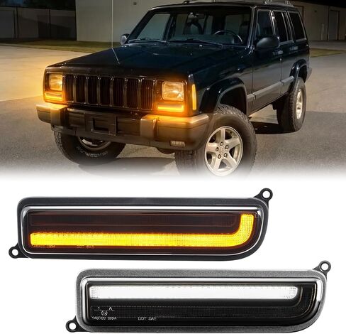 مصابيح إشارة الانعطاف تناسب 1997-2001 Cherokee XJ، مصابيح LED ديناميكية متسلسلة مطورة قطعتين من مصابيح الزاوية الأمامية، التوصيل والتشغيل، DOT/SAE، IP67، أضواء بيضاء وعنبرية، عدسة مدخنة (عدسة مدخنة) in Kuwait