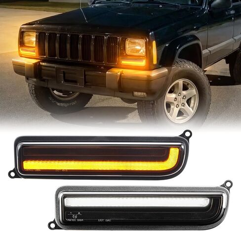 مصابيح إشارة الانعطاف تناسب 1997-2001 Cherokee XJ، مصابيح LED ديناميكية متسلسلة مطورة قطعتين من مصابيح الزاوية الأمامية، التوصيل والتشغيل، DOT/SAE، IP67، أضواء بيضاء وعنبرية، عدسة مدخنة (عدسة مدخنة) in Kuwait