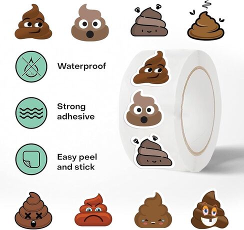 500PCS Poop Stickers Roll,10 Styles Cute Cartoon Funny Self-Adhesive Envelope Seals Stickers for Bottles, Laptops,journals,Luggage, Snowboards, Guitars, Scrapbooks, Phones, in Kuwait