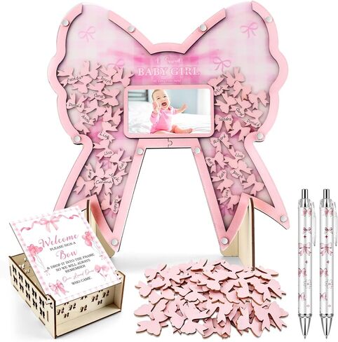 Pink Bow Baby Shower Guest Book Alternative Set, Wooden Photo Frame & Stand, 60 Wooden Bow Slices & Themed Box, 2 Pens Baby Shower Decorations for Guests to Sign Gender Reveal Girls Birthday Keepsake in Saudi Arabia