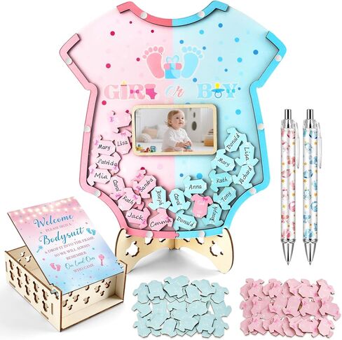 Pink Bow Baby Shower Guest Book Alternative Set, Wooden Photo Frame & Stand, 60 Wooden Bow Slices & Themed Box, 2 Pens Baby Shower Decorations for Guests to Sign Gender Reveal Girls Birthday Keepsake in Kuwait