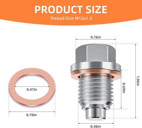 M12 x 1.5 Magnetic Oil Drain Plug,Magnetic Stainless Steel Oil Pan Drain Nut Bolt with 5 PCS Copper Crush Washer Anti Leakage, Fits Most Cars, Motorcycles, BoatsLeak Proof Replacement ﻿ in Saudi Arabia