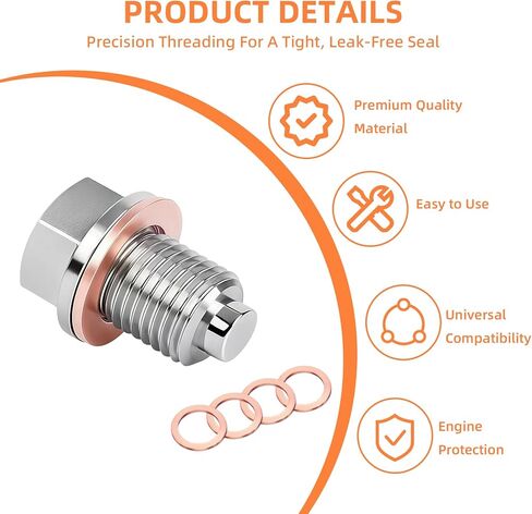 M12 x 1.5 Magnetic Oil Drain Plug,Magnetic Stainless Steel Oil Pan Drain Nut Bolt with 5 PCS Copper Crush Washer Anti Leakage, Fits Most Cars, Motorcycles, BoatsLeak Proof Replacement ﻿ in Saudi Arabia
