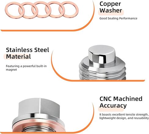 M12 x 1.5 Magnetic Oil Drain Plug,Magnetic Stainless Steel Oil Pan Drain Nut Bolt with 5 PCS Copper Crush Washer Anti Leakage, Fits Most Cars, Motorcycles, BoatsLeak Proof Replacement ﻿ in Saudi Arabia