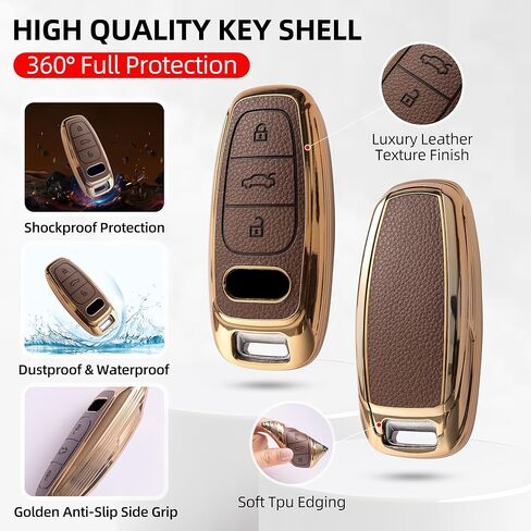 GripKeyShell™ for Audi Key Fob Cover, Leather + Soft TPU Car Key Case with Keychain Fit with A6 7 8 Q8 E-Tron S6 7 RS7 SQ7 R8 in Kuwait