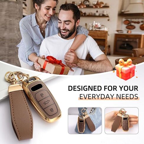 GripKeyShell™ for Audi Key Fob Cover, Leather + Soft TPU Car Key Case with Keychain Fit with A6 7 8 Q8 E-Tron S6 7 RS7 SQ7 R8 in Kuwait