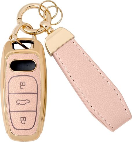 GripKeyShell™ for Audi Key Fob Cover, Leather + Soft TPU Car Key Case with Keychain Fit with A6 7 8 Q8 E-Tron S6 7 RS7 SQ7 R8 in Kuwait