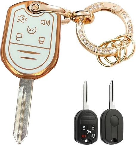 for Ford Key Fob Cover Keyless Entry Systems Key Shell with Keychain Fit for Ford F-150/F150 F-250 F-350 Super Duty Explorer Expedition Lincoln Mercury MHz (Black-Gold, 3 Buttons) in Saudi Arabia