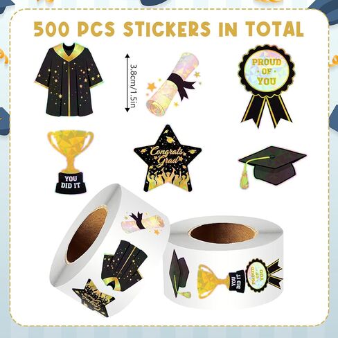 Xzentira 500 Pcs Graduation Glitter Stickers Roll Holographic Graduation Stickers 2026 Graduation Envelope Seals Graduation Vinyl Stickers for Envelopes Gifts Cards Party Decorations in Saudi Arabia