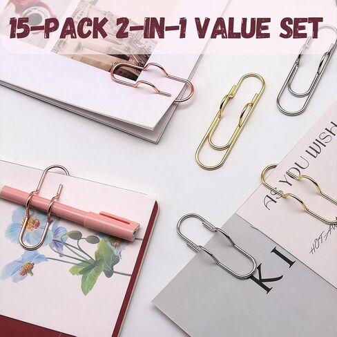 15 Pack Pen Holder for Notebook, 2 in 1 Metal Pen Clip and Paper Clip, Pen Loop Holder for Journal Planner, Office School Supplies, Mixed Colors Gold Silver Rose Gold in Saudi Arabia