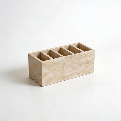 Natural Travertine Stone Desktop Organizer, 3 Compartment Pen Holder for Pens, Makeup Brushes, Office Supplies and Bathroom Counter Decor, 5.91 x 3.94 x 3.94 in in Saudi Arabia