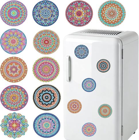 Flasunire 12 Pcs Acrylic Diamond Painting Magnets Kit for Adults - DIY Mandala Crafts with Self-Adhesive Magnets, Sparkling Diamond Art Stickers for Refrigerator, Office Locker, and Home Decoration in Saudi Arabia