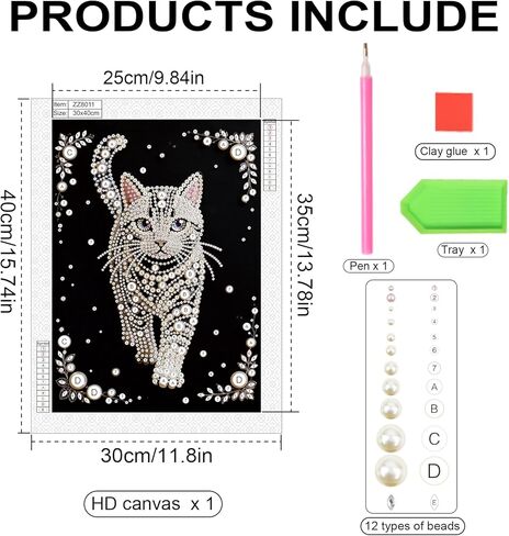 WSLWXSHM Pearl Diamond Painting Kits for Adults Cat, 5D Special Shape Diamond Art Kits for Beginners, Crystal Rhinestones Diamond Painting for Home Wall Decoration Gift 12×16inch/30×40cm, Animal in Kuwait