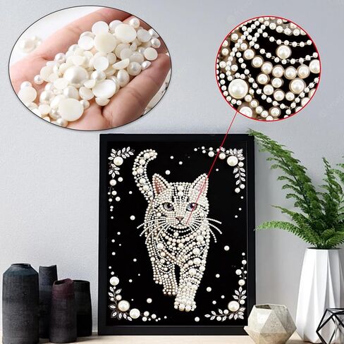 WSLWXSHM Pearl Diamond Painting Kits for Adults Cat, 5D Special Shape Diamond Art Kits for Beginners, Crystal Rhinestones Diamond Painting for Home Wall Decoration Gift 12×16inch/30×40cm, Animal in Kuwait
