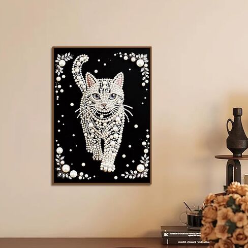 WSLWXSHM Pearl Diamond Painting Kits for Adults Cat, 5D Special Shape Diamond Art Kits for Beginners, Crystal Rhinestones Diamond Painting for Home Wall Decoration Gift 12×16inch/30×40cm, Animal in Kuwait