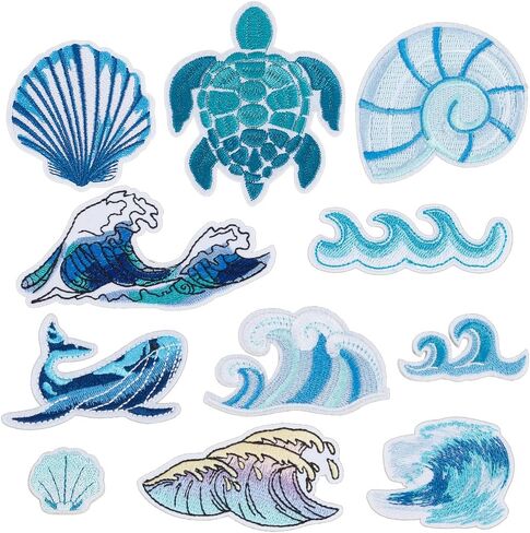 AHANDMAKER 22pcs 11 Styles Ocean Theme Embroidered Patch, Wave Whale Shell Shape Sea Turtle Sewing on Iron on Applique Fabric Hide Damage Decorating for Repair Clothes Backpack Dress DIY Crafts in Kuwait