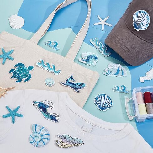 AHANDMAKER 22pcs 11 Styles Ocean Theme Embroidered Patch, Wave Whale Shell Shape Sea Turtle Sewing on Iron on Applique Fabric Hide Damage Decorating for Repair Clothes Backpack Dress DIY Crafts in Kuwait