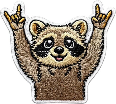 Rocking Raccoon Iron-On Patch – Cute Raccoon Rock Hand Embroidered Patch for Jackets, Backpacks, Hats – Funny Animal Patch DIY Clothing Applique, Kawaii Cartoon Accessory in Kuwait