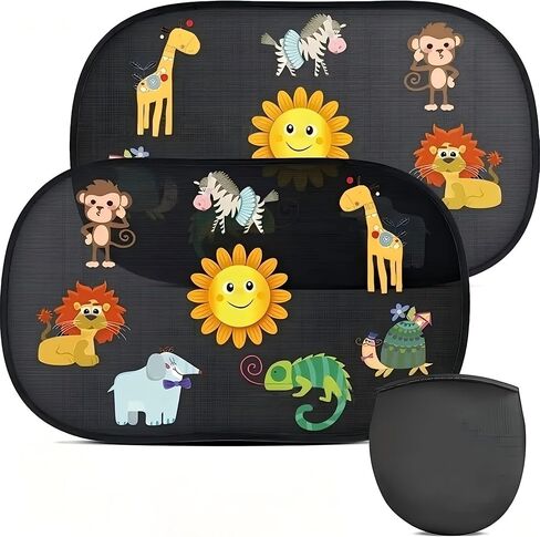 2 Pack Kids Car Sun Shade Window Covers, Cartoon Animal Static Cling UV Protection Rear Side Window Sunshades for Baby & Toddler Travel in Kuwait