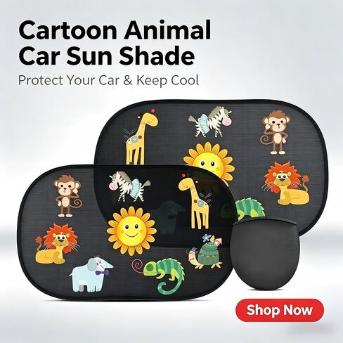 2 Pack Kids Car Sun Shade Window Covers, Cartoon Animal Static Cling UV Protection Rear Side Window Sunshades for Baby & Toddler Travel in Kuwait