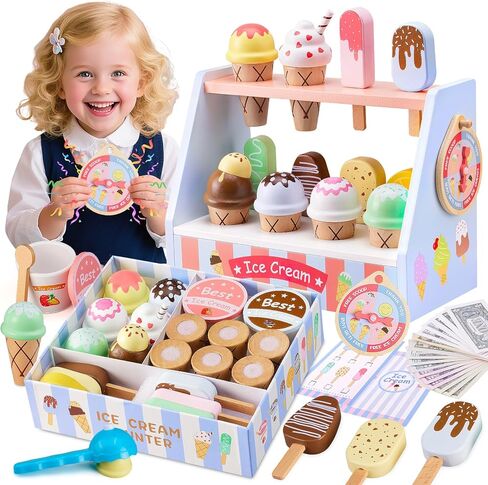 Ehome Wooden Ice Cream Toys Set Pretend Play Food Store for Kids Serve Ice Cream Counter Shop Kitchen Playset with Lucky Wheel, Scoop, Menu, Fake Money for Boys and Girls Ages 3 4 5 6 in Saudi Arabia