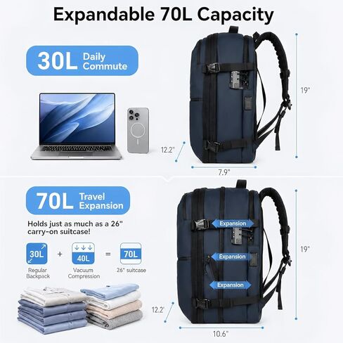Vacuum Seal Travel Backpack，70L Expandable Carry On Backpack TSA Lock with Vacuum System, Large Capacity for Check-in, Men Women Airline Business Overnight (L-Blue) in Saudi Arabia