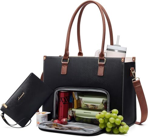 LOVEVOOK Laptop Lunch Bag for Women 15.6 Inch, Waterproof Leather Tote Purse with Cup Holder & Elegant Clutch, Multi Pockets Large Capacity Work Briefcase for Office Travel, Black-Beige-Brown in Kuwait