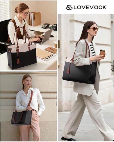 LOVEVOOK Laptop Lunch Bag for Women 15.6 Inch, Waterproof Leather Tote Purse with Cup Holder & Elegant Clutch, Multi Pockets Large Capacity Work Briefcase for Office Travel, Black-Beige-Brown in Kuwait