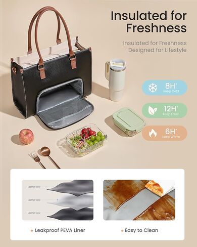LOVEVOOK Laptop Lunch Bag for Women 15.6 Inch, Waterproof Leather Tote Purse with Cup Holder & Elegant Clutch, Multi Pockets Large Capacity Work Briefcase for Office Travel, Black-Beige-Brown in Kuwait