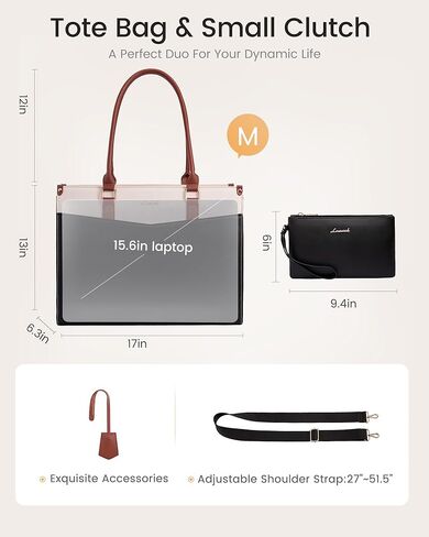 LOVEVOOK Laptop Lunch Bag for Women 15.6 Inch, Waterproof Leather Tote Purse with Cup Holder & Elegant Clutch, Multi Pockets Large Capacity Work Briefcase for Office Travel, Black-Beige-Brown in Kuwait