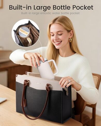 LOVEVOOK Laptop Lunch Bag for Women 15.6 Inch, Waterproof Leather Tote Purse with Cup Holder & Elegant Clutch, Multi Pockets Large Capacity Work Briefcase for Office Travel, Black-Beige-Brown in Kuwait