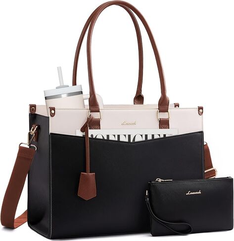 LOVEVOOK Laptop Lunch Bag for Women 15.6 Inch, Waterproof Leather Tote Purse with Cup Holder & Elegant Clutch, Multi Pockets Large Capacity Work Briefcase for Office Travel, Black-Beige-Brown in Kuwait