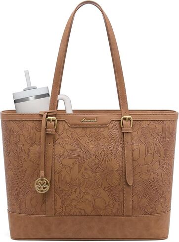 LOVEVOOK Laptop Bag for Women, 15.6 Inch Large Work Tote Bag with 40oz Cup Holder, Waterproof PU Leather Computer Briefcase for Teacher, Professional Business Shoulder Purse Black-White-Brown in Kuwait